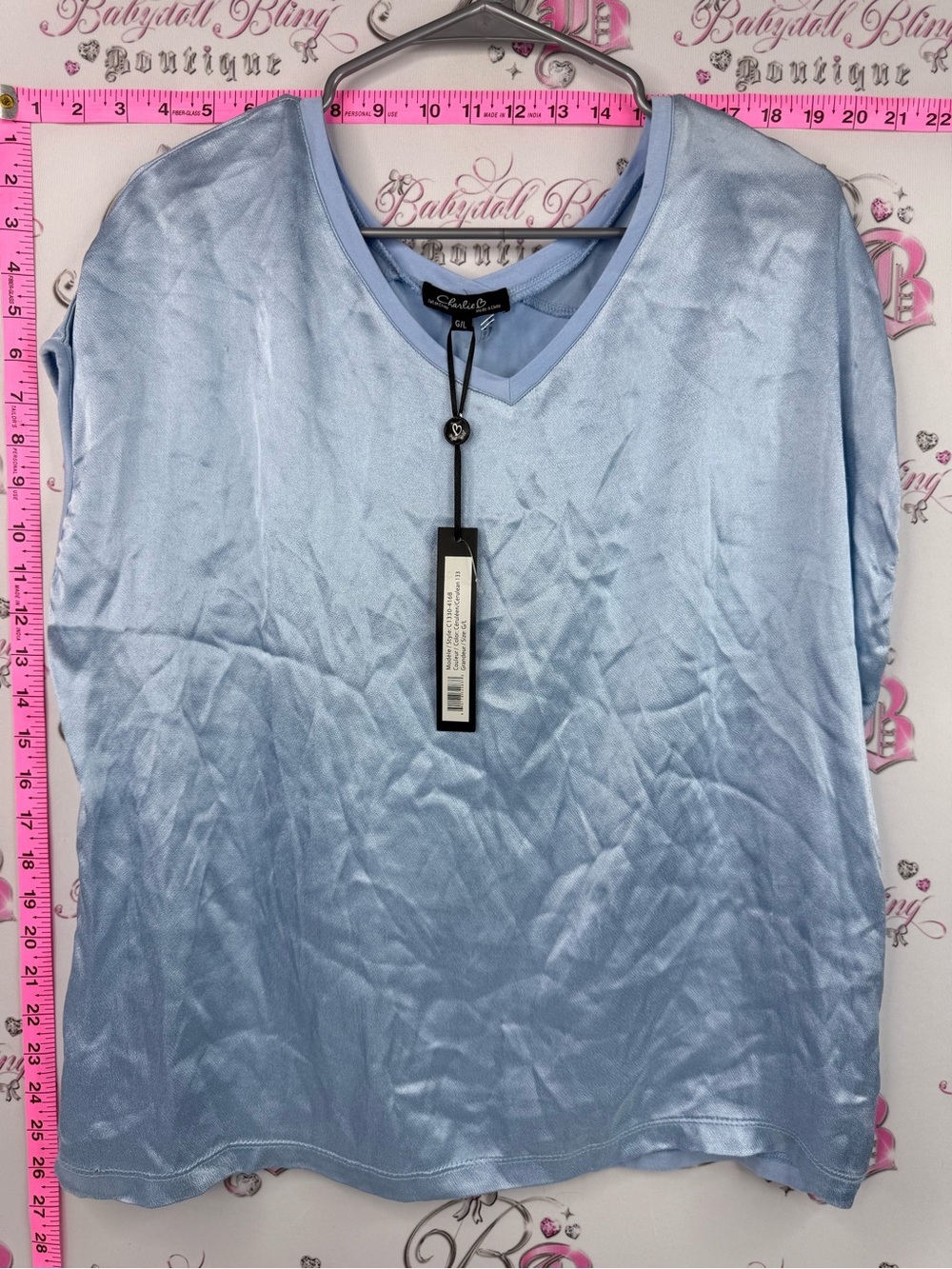 CHARLIE B tshirt shiny shimmer baby blue Light Blue Satin V-Neck Tee